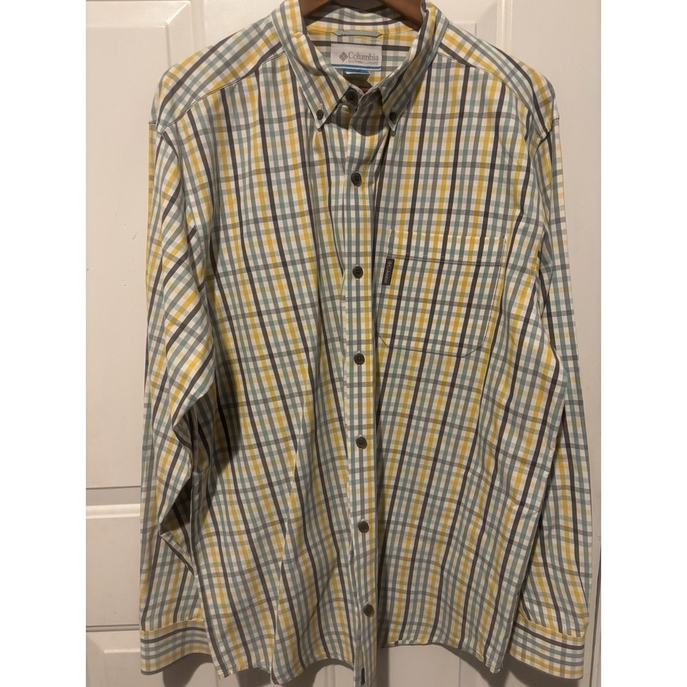 Columbia Shirt Mens XL Gray Yellow Plaid Button Up‎ Long Sleeve Cotton Outdoors